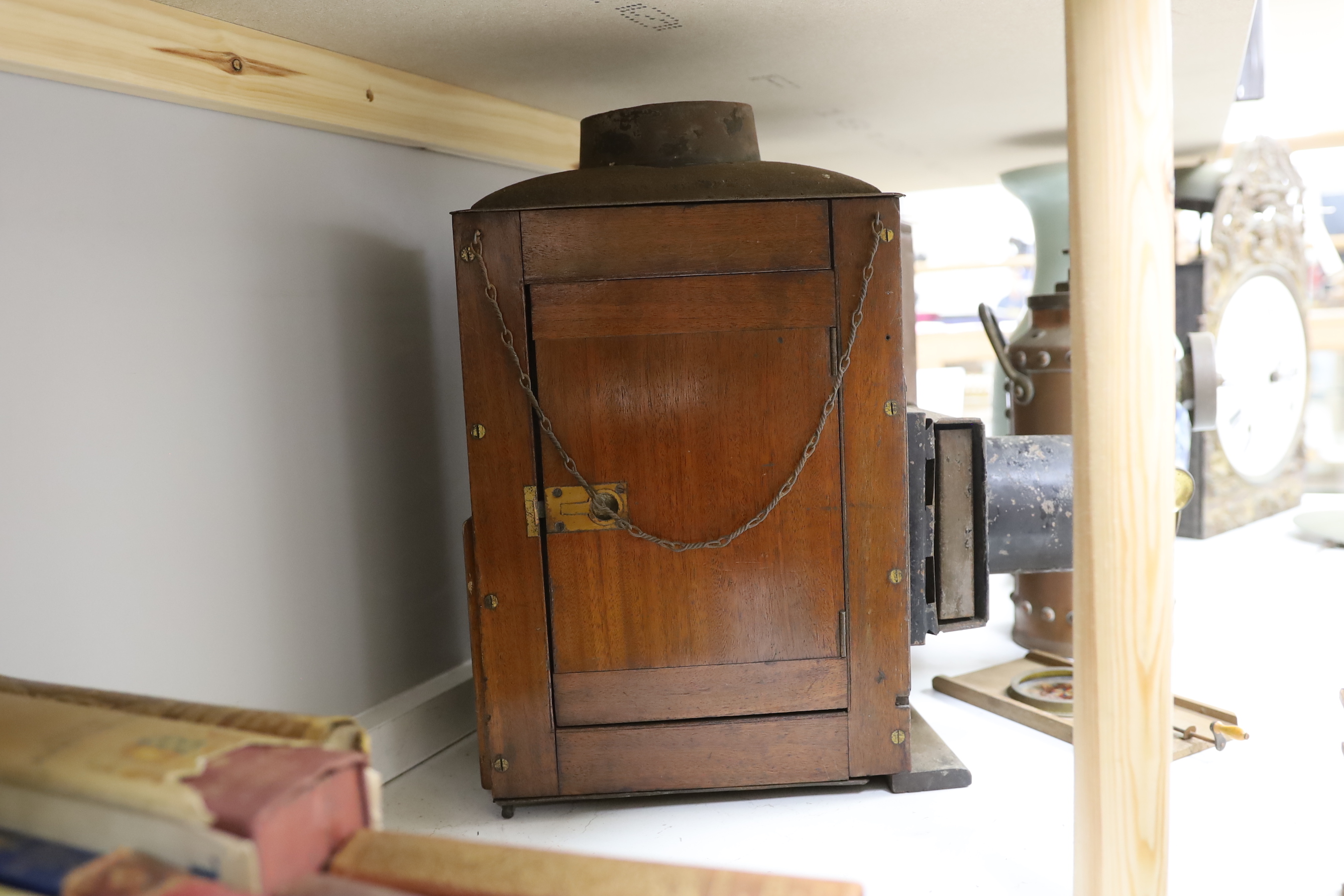 A Victorian microscope magic lantern and a copper fire extinguisher